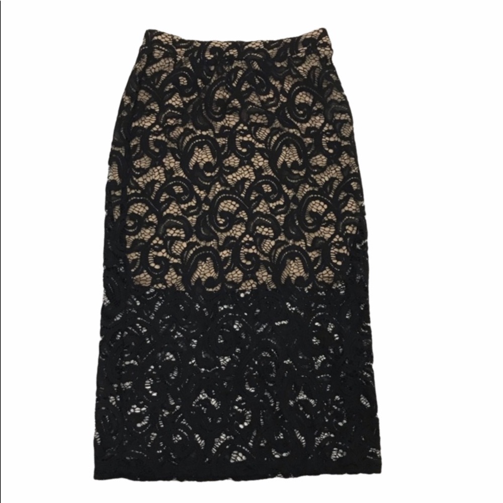 FASHION MAGAZINE Black pattern Lace Midi Skirt S